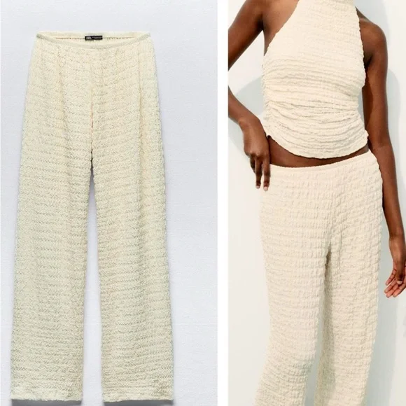 Cream Textured Jumpsuit with Wide-Leg Silhouette - Picture 2 of 4